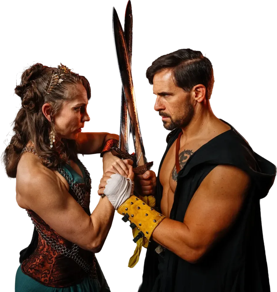 A gladiatrix and a gladiator crossing swords