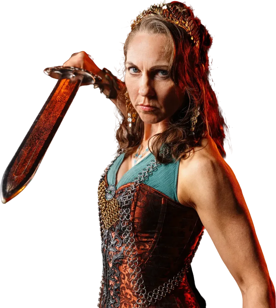 A gladiatrix in chainmail raising her sword